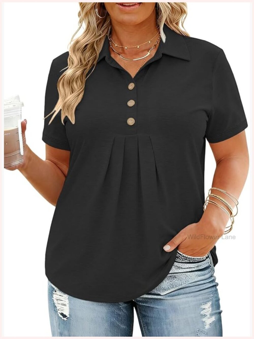 Plus Size Dressy Polo V Neck Tunic Blouse Short Sleeve Button Down Tops